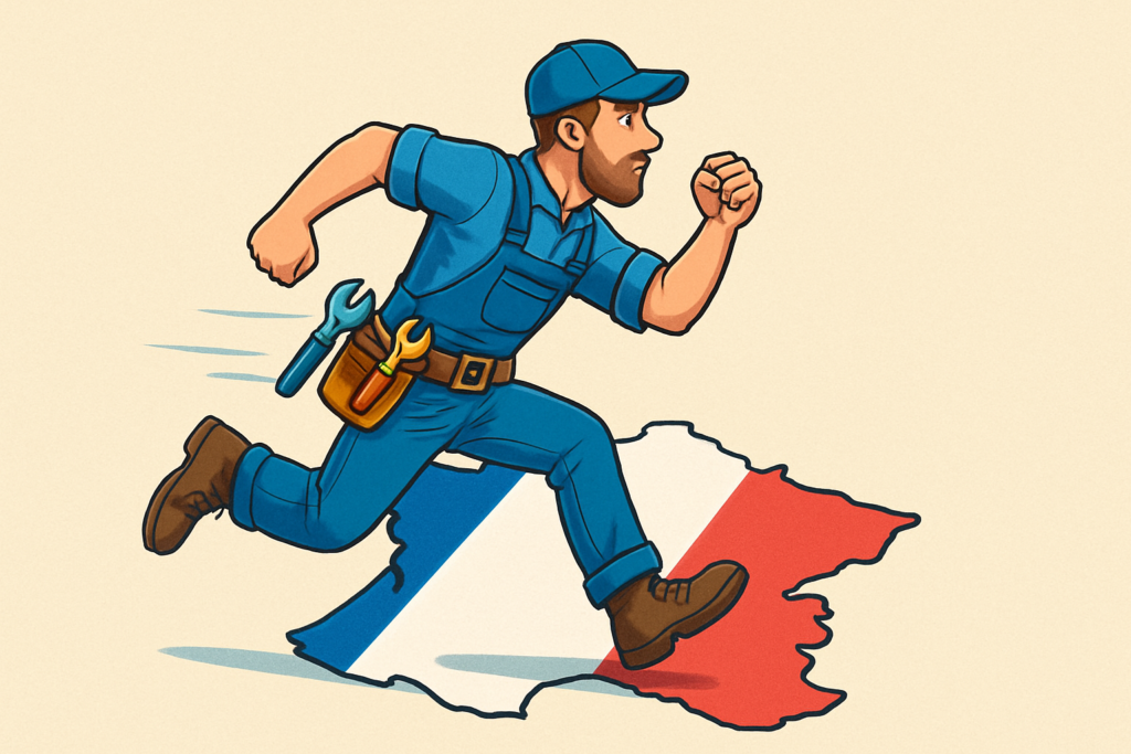 Plombier qui court sur la carte de la France aux couleurs du drapeau français.