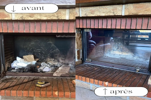 Avant / Après d'un remplacement de vitre d'insert de cheminée